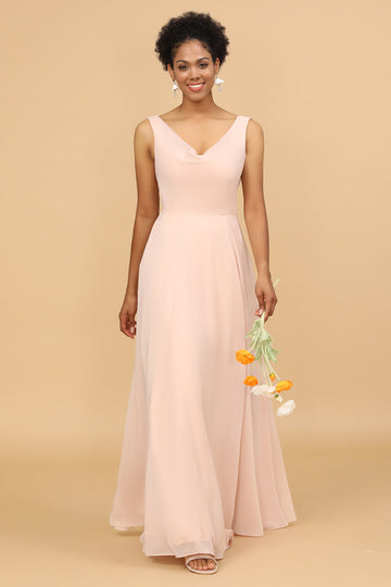 Escote A V Cuello Rosa Largo Vestido de Dama de Honor